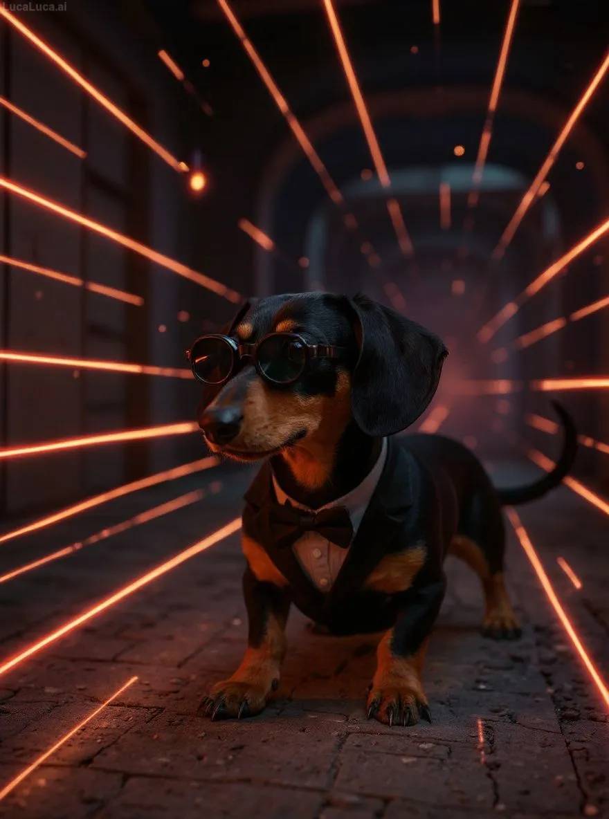 Dachshund dog wearing a tuxedo and night vision goggles in a room with laser beams