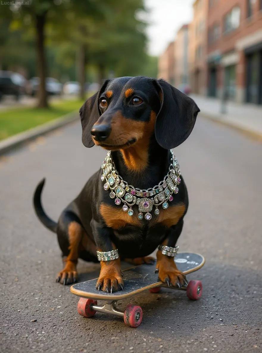 Dachshund dog as a blinged-out skater cruising down a chrome street