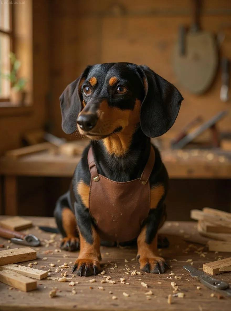 Dachshund dog wearing a leather apron holding woodworking tools in a workshop