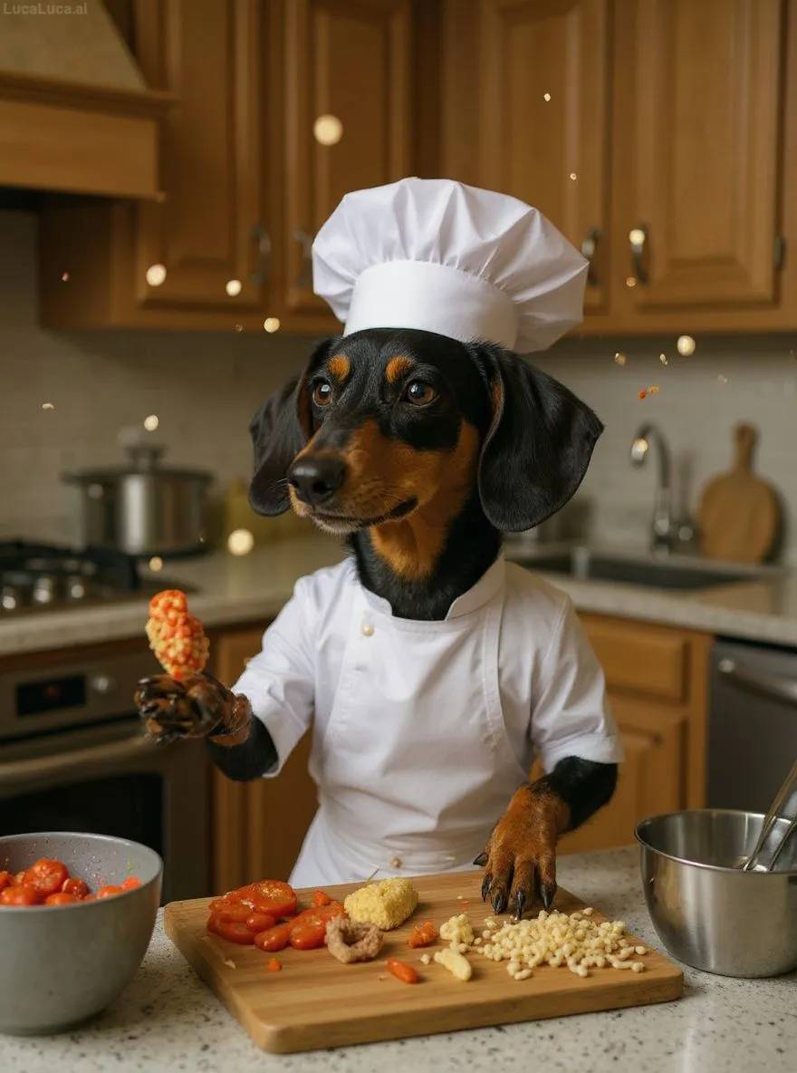 Dachshund dog wearing a chef hat and apron tossing ingredients in a kitchen