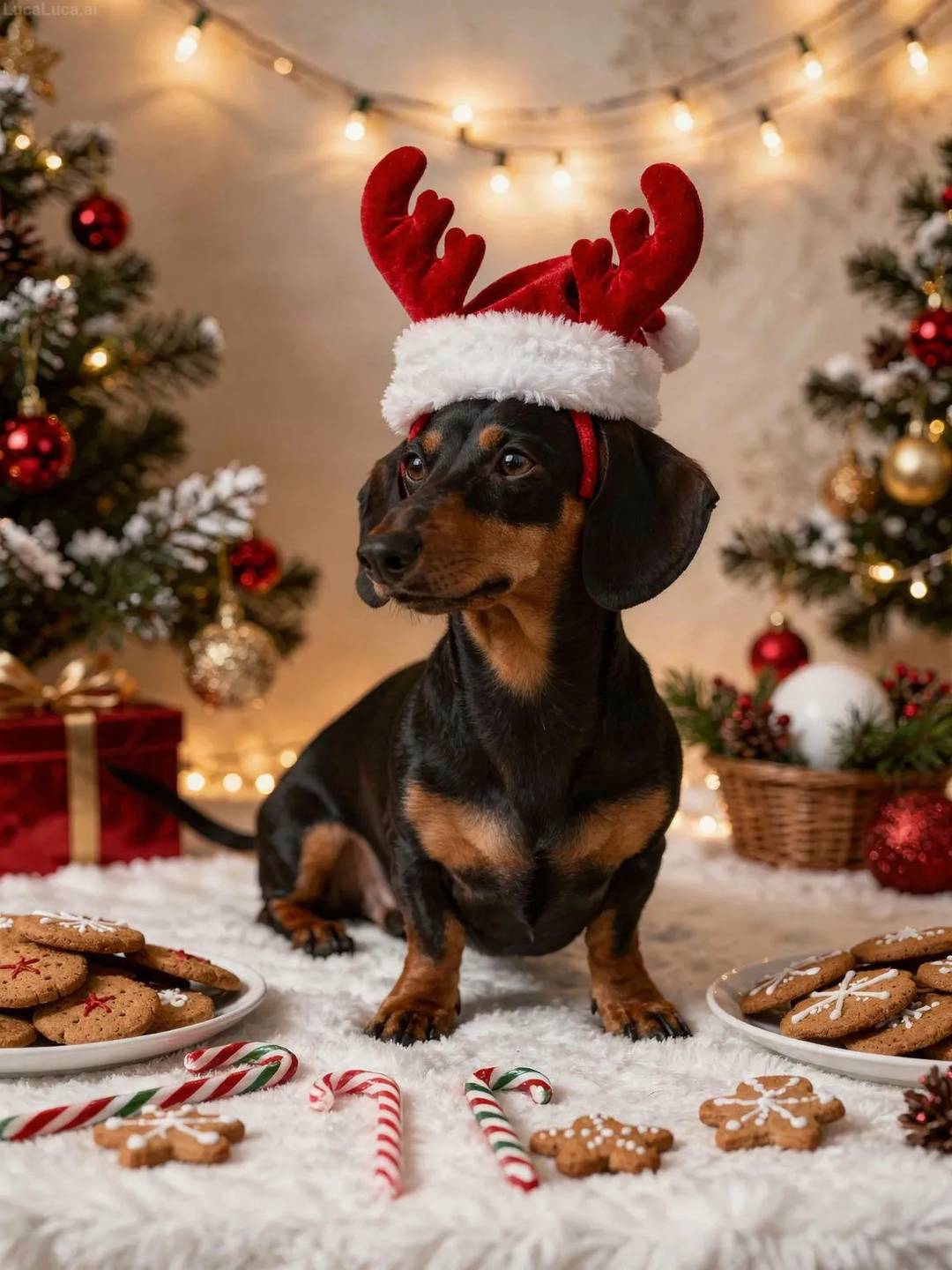 Dachshund dog surrounded by cookies, candy canes, and gingerbread with holiday decorations