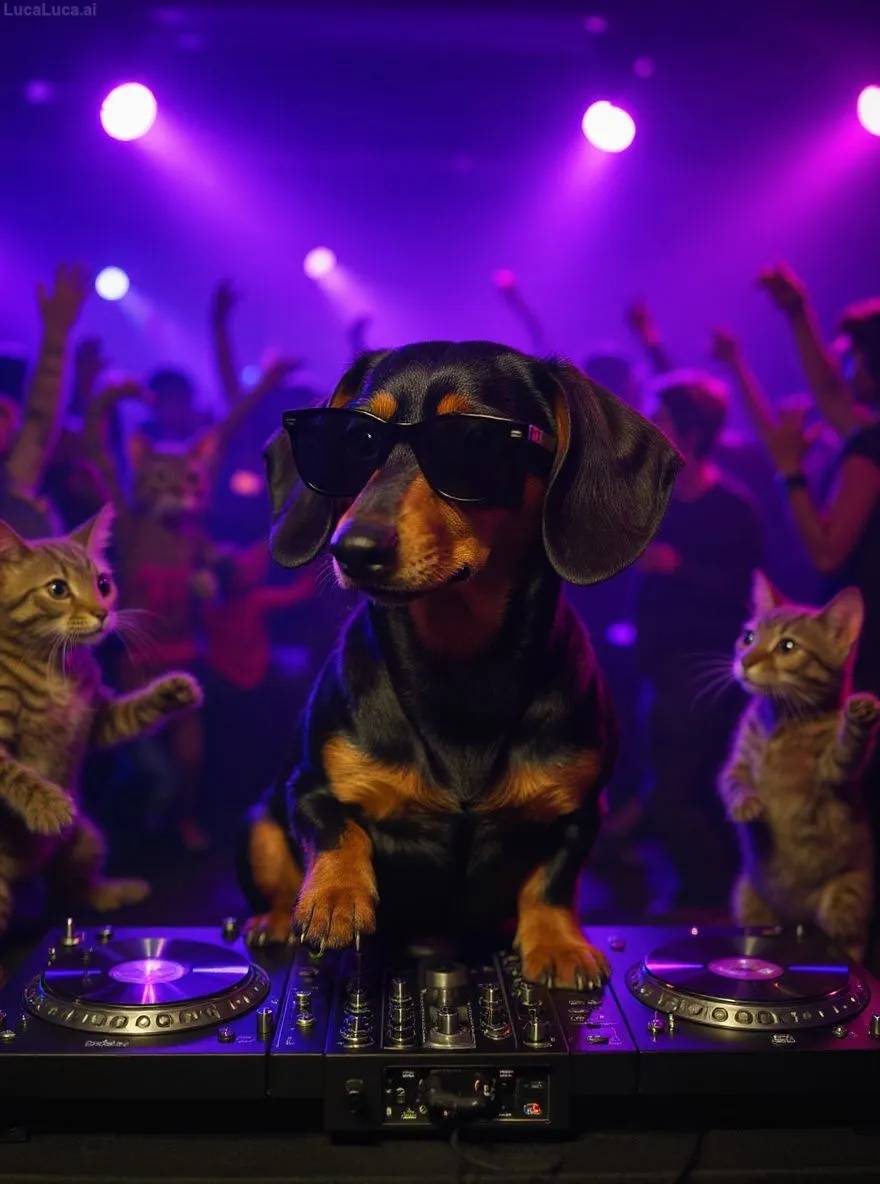 Dachshund dog wearing sunglasses with paws on turntables at a nightclub