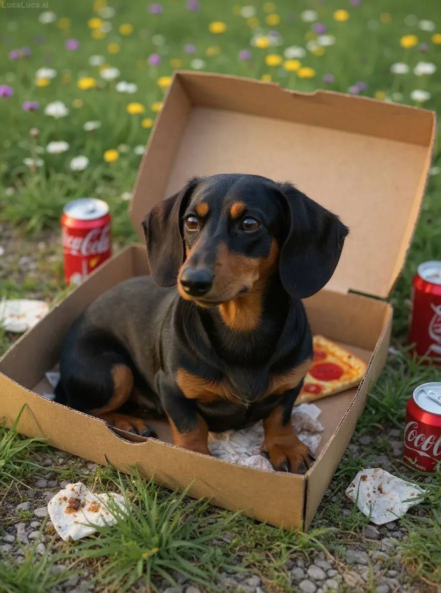 Dachshund dog curled up in an empty pizza box surrounded by soda cans