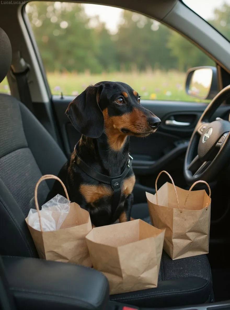 Dachshund dog in a car passenger seat surrounded by takeout bags