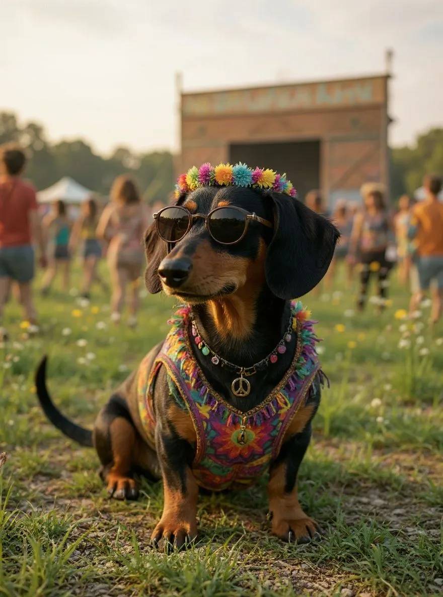 Dachshund dog in hippie style with tie-dye and flower crown at a music festival