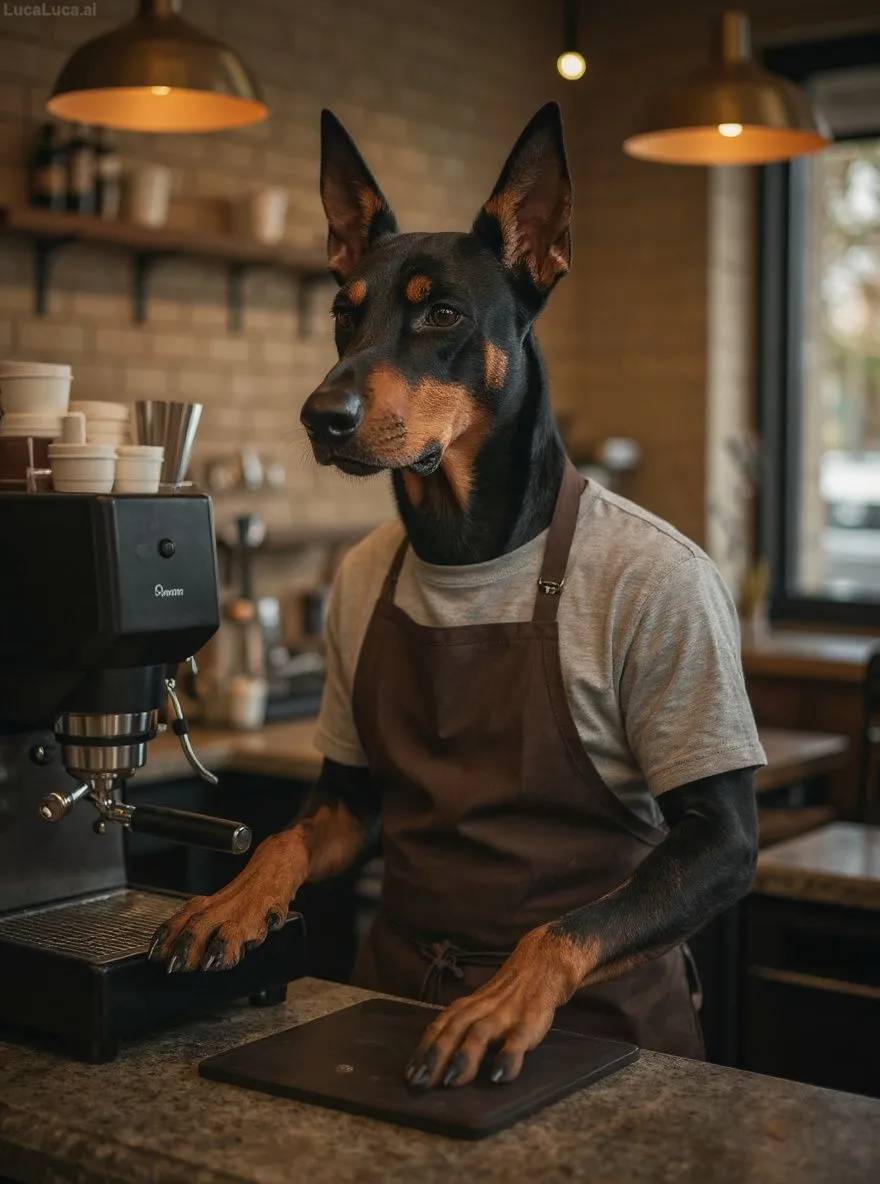 Doberman Pinscher dog wearing an apron operating an espresso machine in a coffee shop