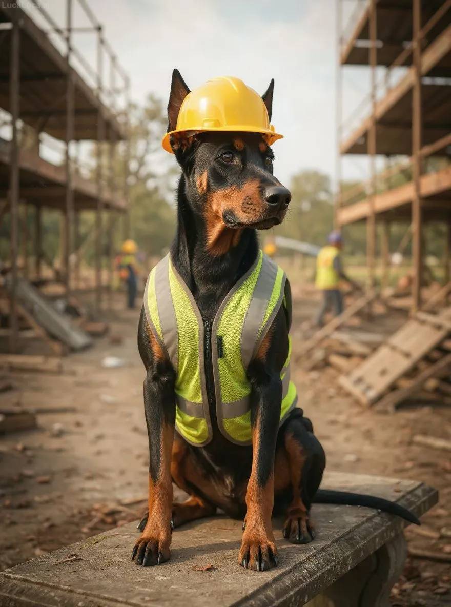 Doberman Pinscher dog wearing a hard hat and safety vest at a construction site