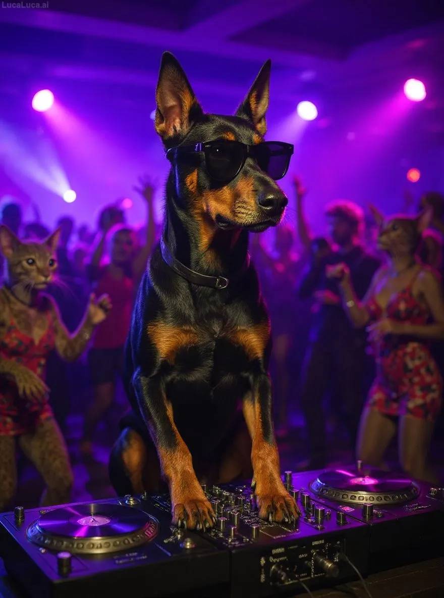 Doberman Pinscher dog wearing sunglasses with paws on turntables at a nightclub