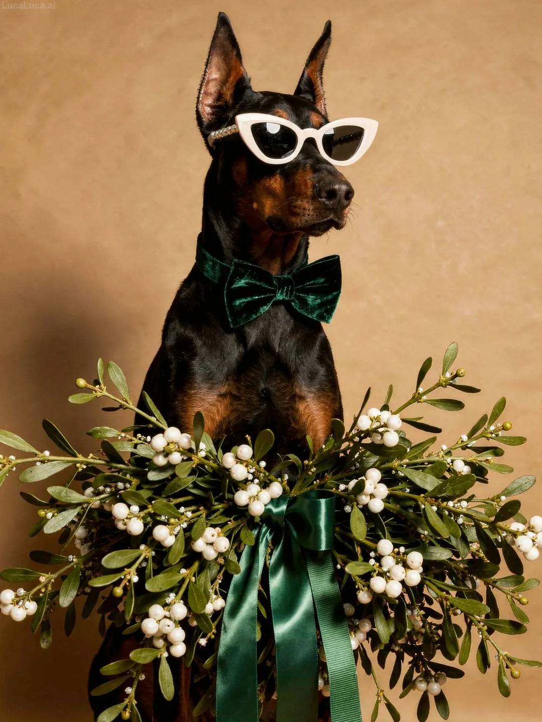 Doberman Pinscher dog wearing white cat-eye sunglasses holding a bundle of mistletoe