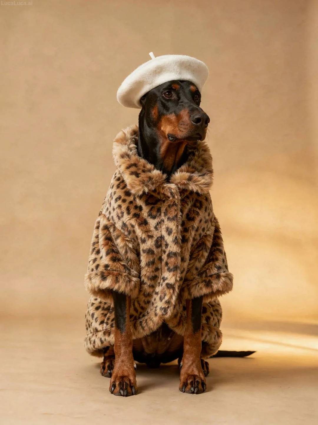 Doberman Pinscher dog wearing a white beret and leopard-print faux fur coat