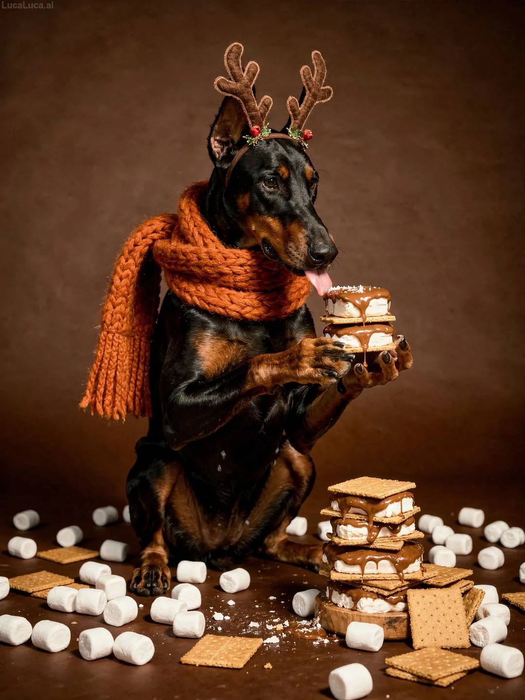 Doberman Pinscher dog wearing an orange scarf and antler headband holding s'mores