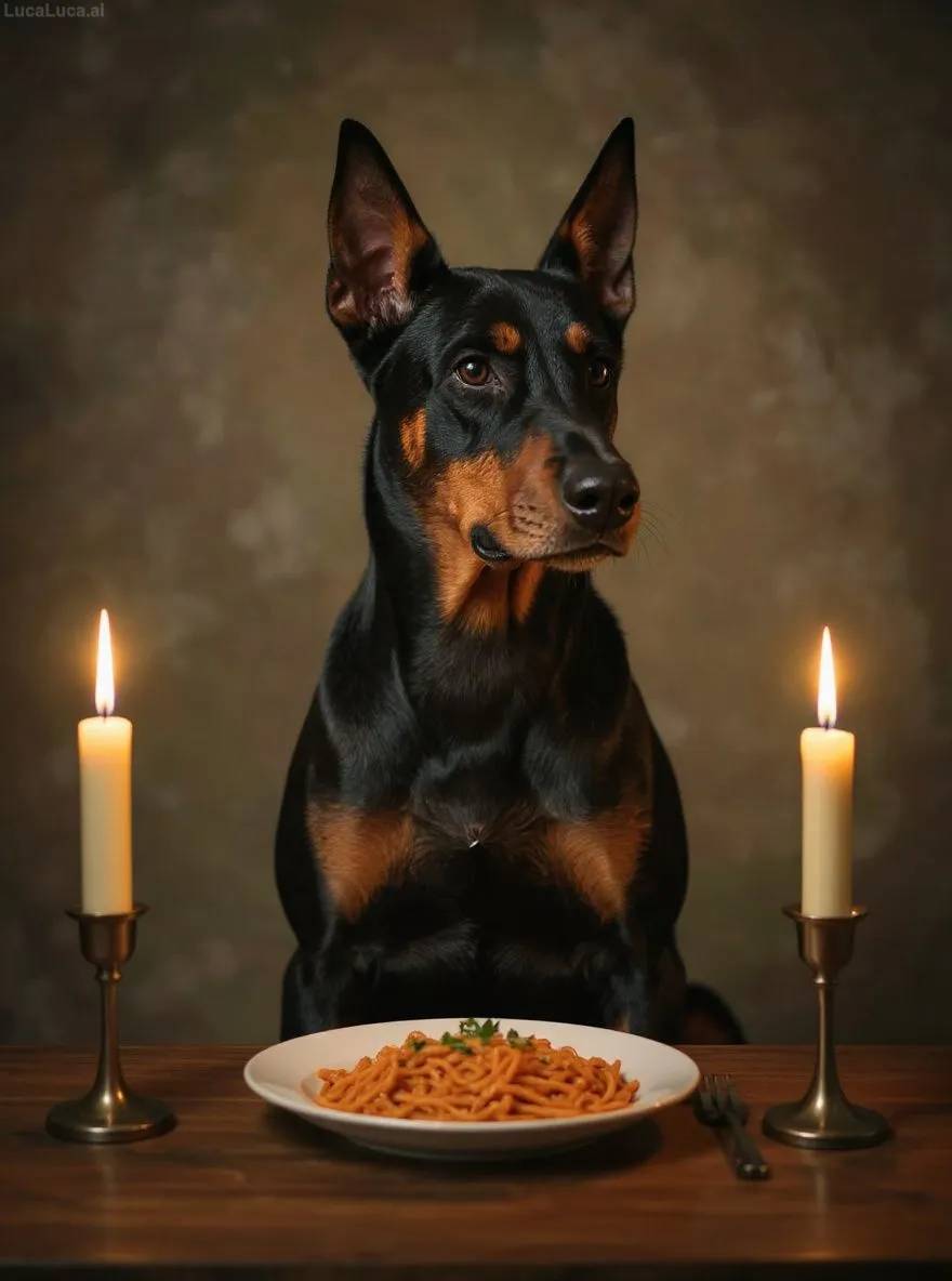 Doberman Pinscher dog eating spaghetti alone at a candlelit table