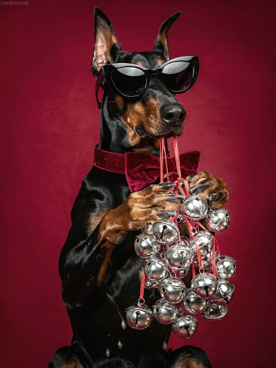 Doberman Pinscher dog wearing black cat-eye sunglasses holding silver jingle bells