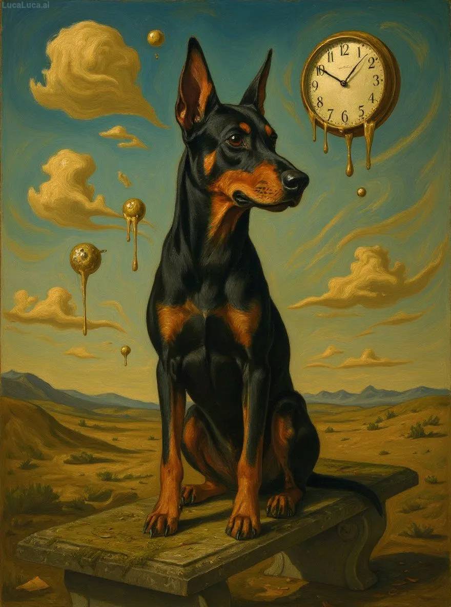 Doberman Pinscher dog in surrealist style with melting clocks in a desert landscape