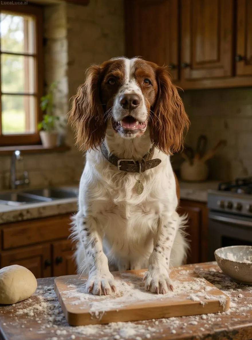 English Springer Spaniel dog kneading dough in a rustic cottage kitchen