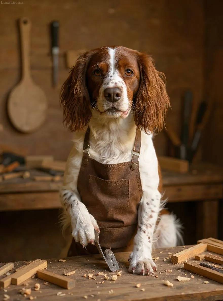 English Springer Spaniel dog wearing a leather apron holding woodworking tools in a workshop