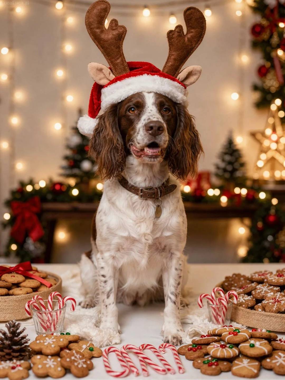 English Springer Spaniel dog surrounded by cookies, candy canes, and gingerbread with holiday decorations