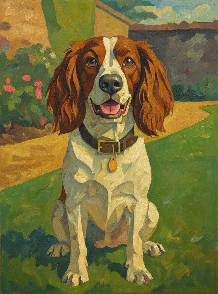 English Springer Spaniel dog portrait in cubist style with geometric shapes and bold colors