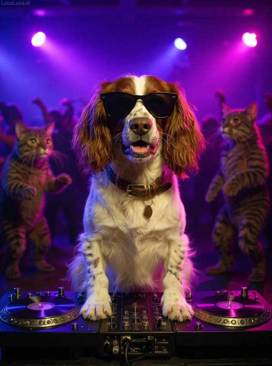 English Springer Spaniel dog wearing sunglasses with paws on turntables at a nightclub