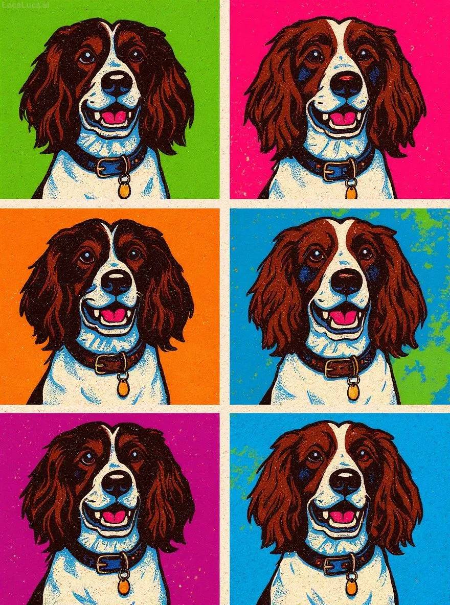 English Springer Spaniel dog portrait in pop art style repeated in a colorful grid