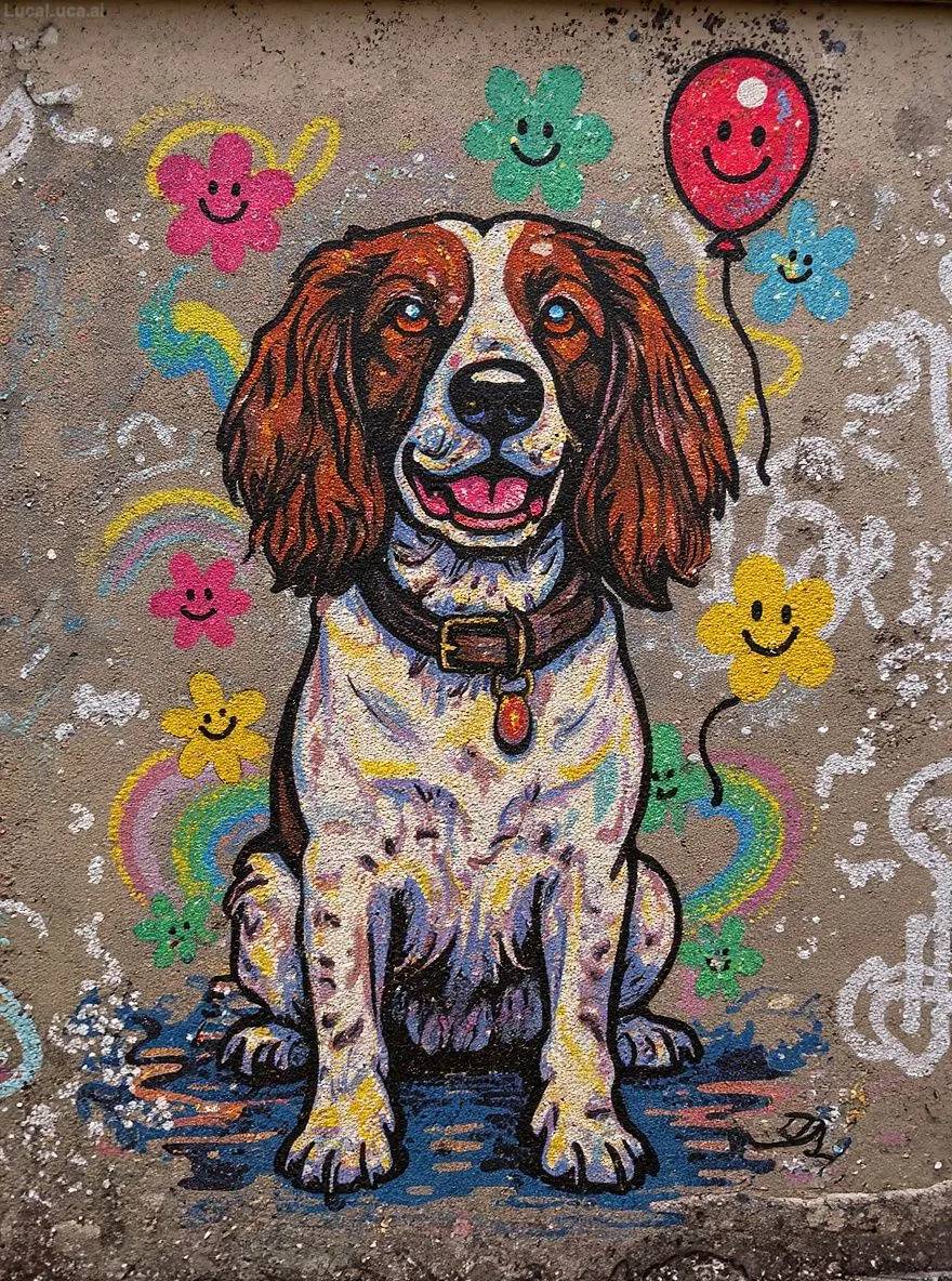 English Springer Spaniel dog as street art combining graffiti style with pop art flowers
