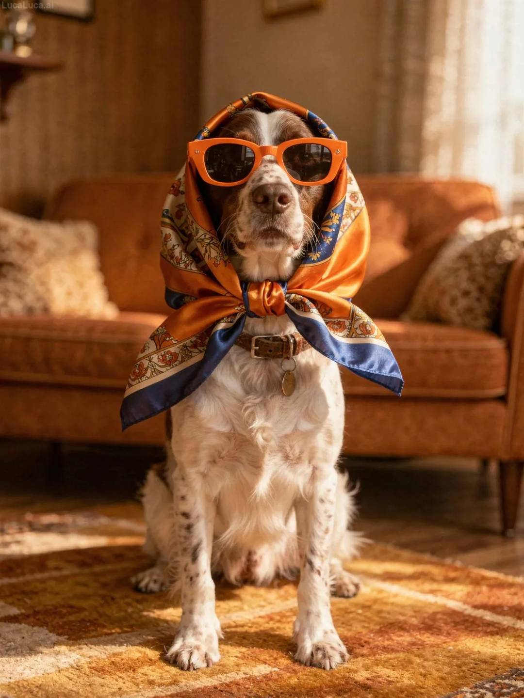 English Springer Spaniel dog wearing orange sunglasses and a silky patterned headscarf