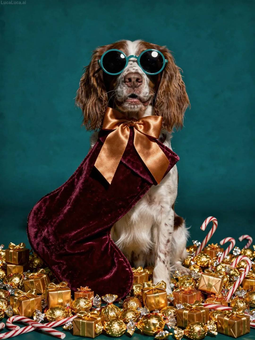 English Springer Spaniel dog wearing teal sunglasses holding a Christmas stocking with candies