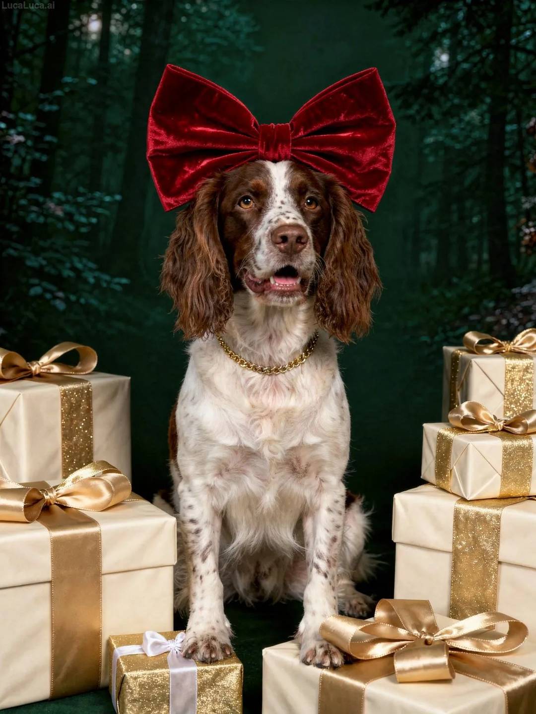 English Springer Spaniel dog wearing a red velvet bow and gold necklace holding gift boxes