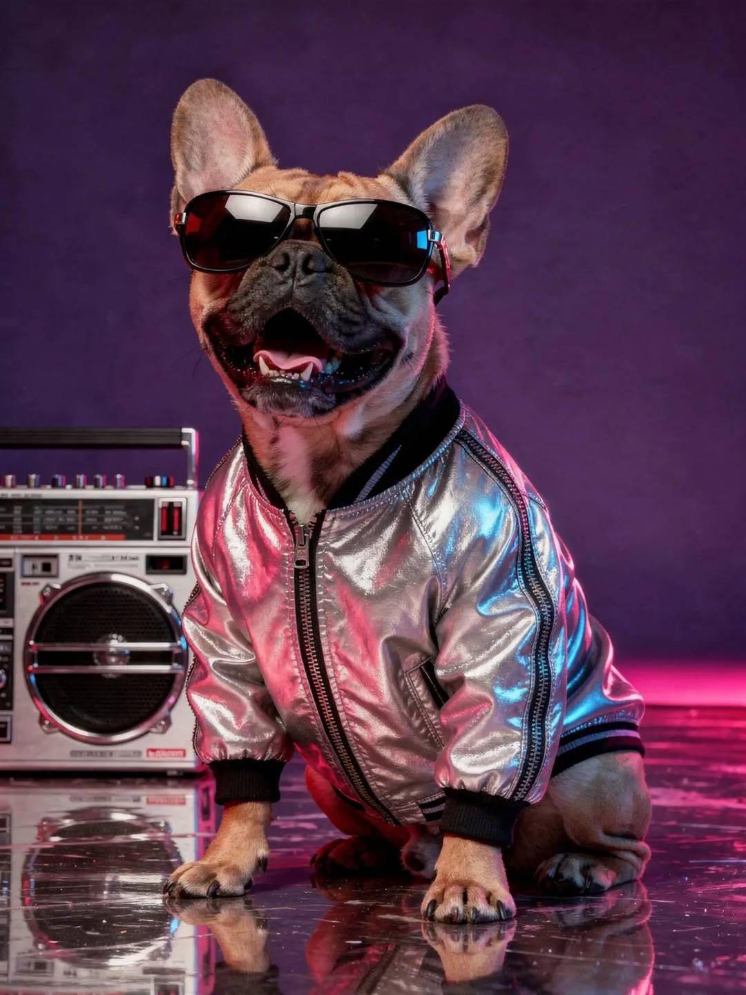 French Bulldog dog in a metallic silver bomber jacket next to a boombox with neon lighting