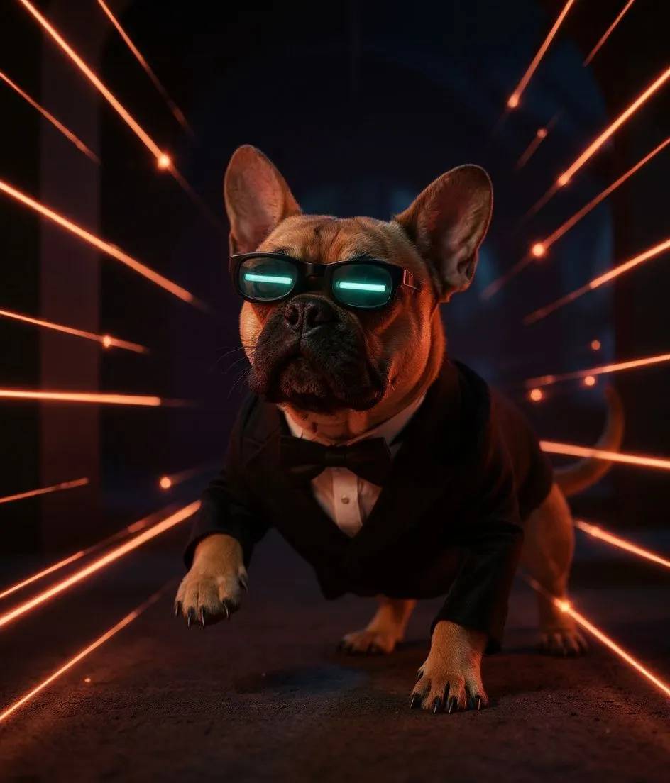 French Bulldog dog wearing a tuxedo and night vision goggles in a room with laser beams