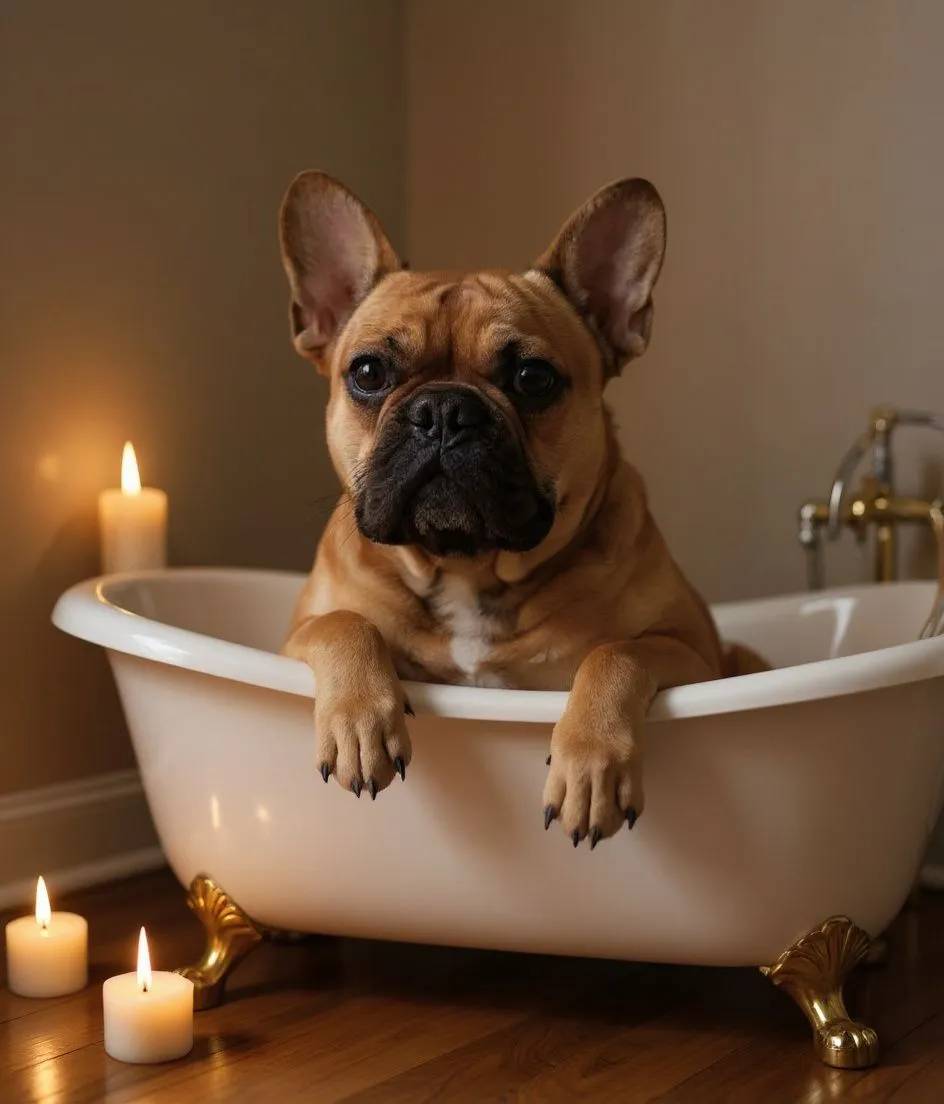 French Bulldog dog lying in a bathtub surrounded by candles