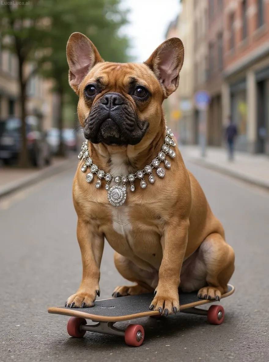 French Bulldog dog as a blinged-out skater cruising down a chrome street