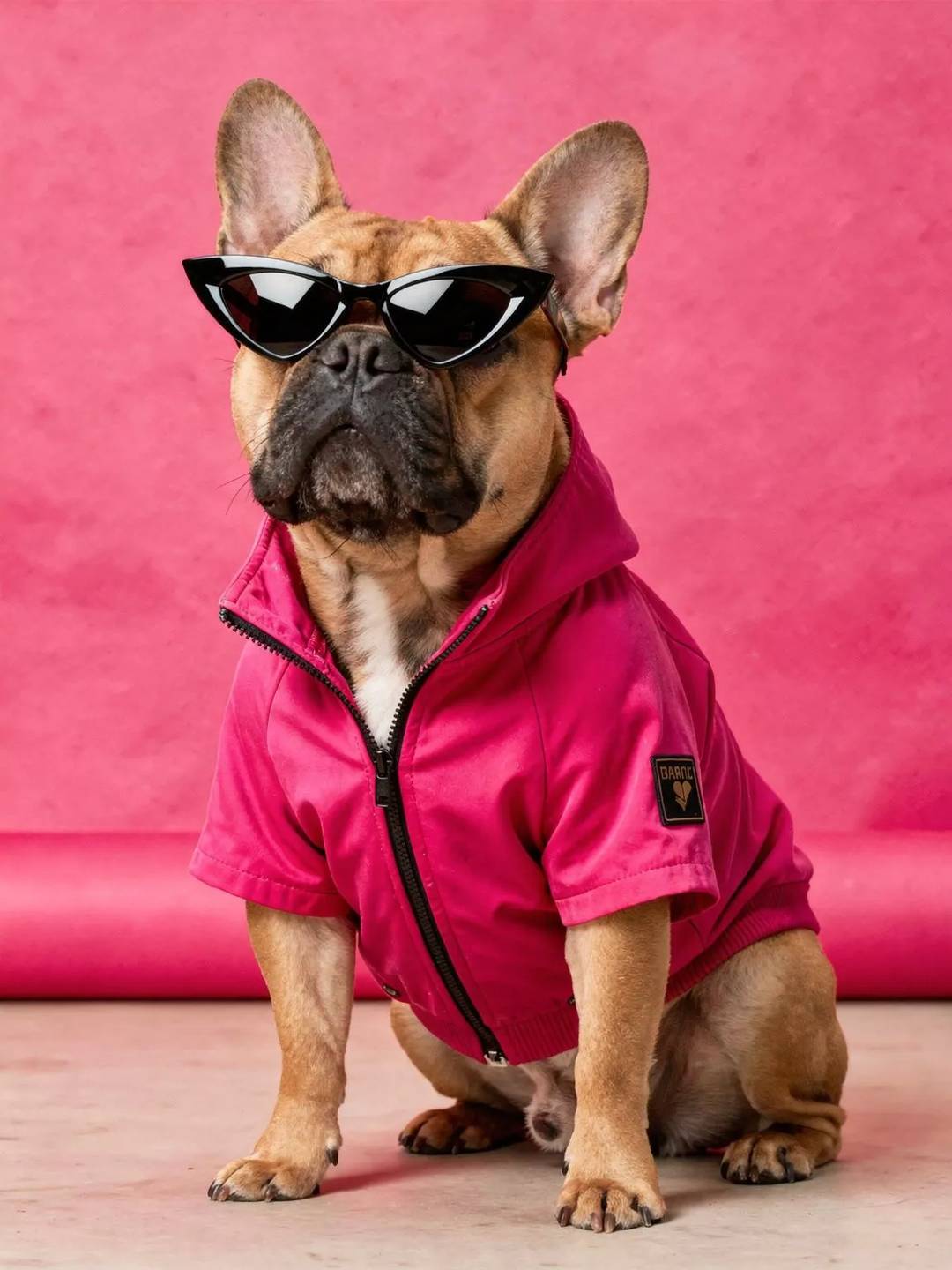 French Bulldog dog wearing a pink jacket and cat-eye sunglasses on a pink background