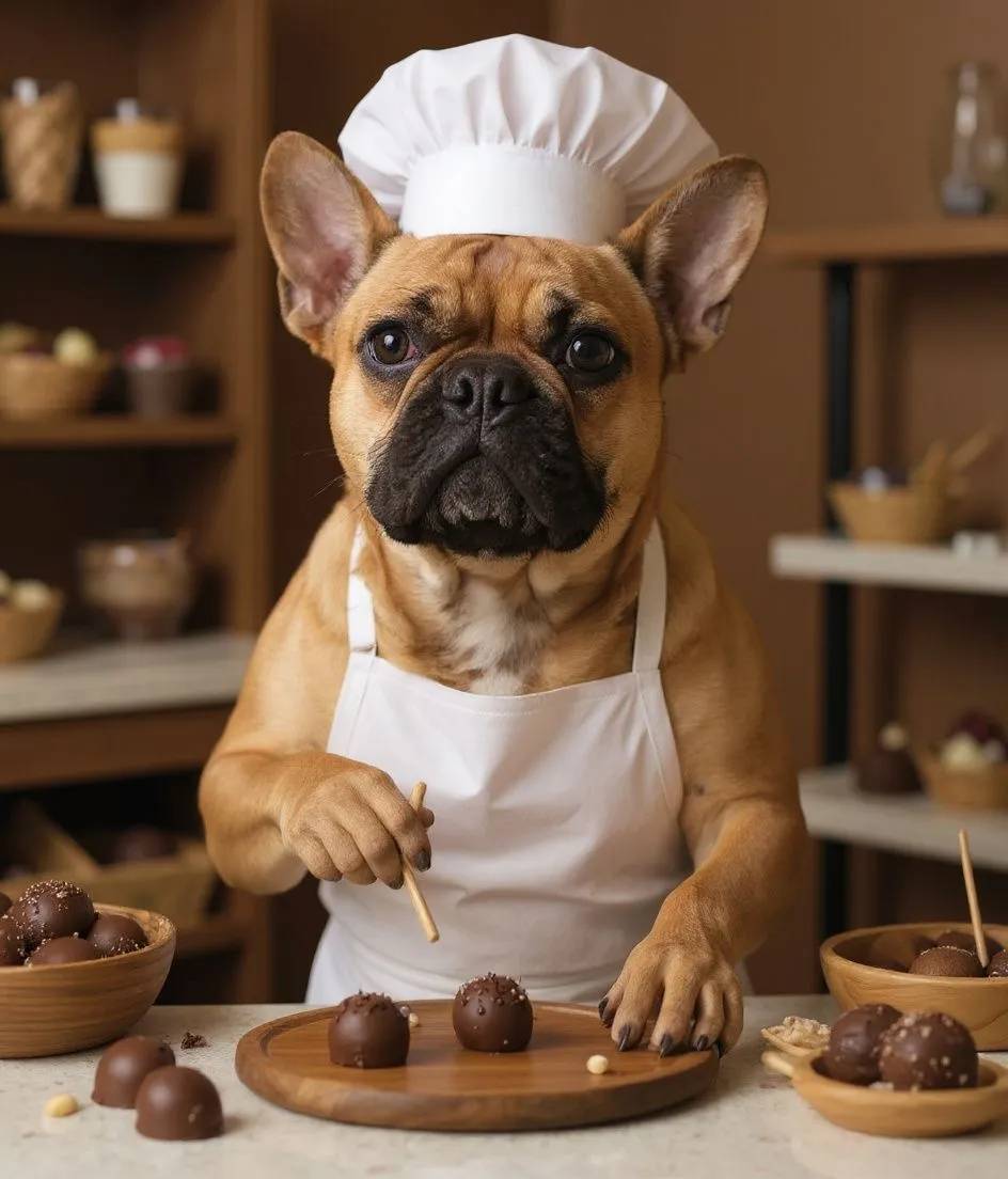 French Bulldog dog in a white apron decorating chocolate truffles in a chocolate shop