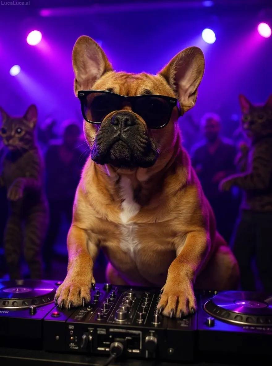 French Bulldog dog wearing sunglasses with paws on turntables at a nightclub