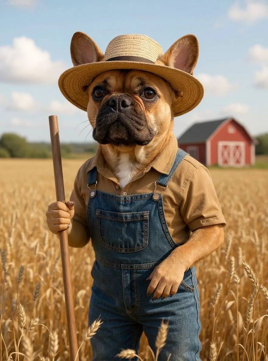 French Bulldog dog wearing overalls and straw hat holding a pitchfork in a wheat field