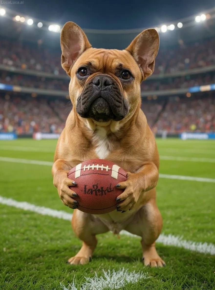 French Bulldog dog holding an American football in a stadium