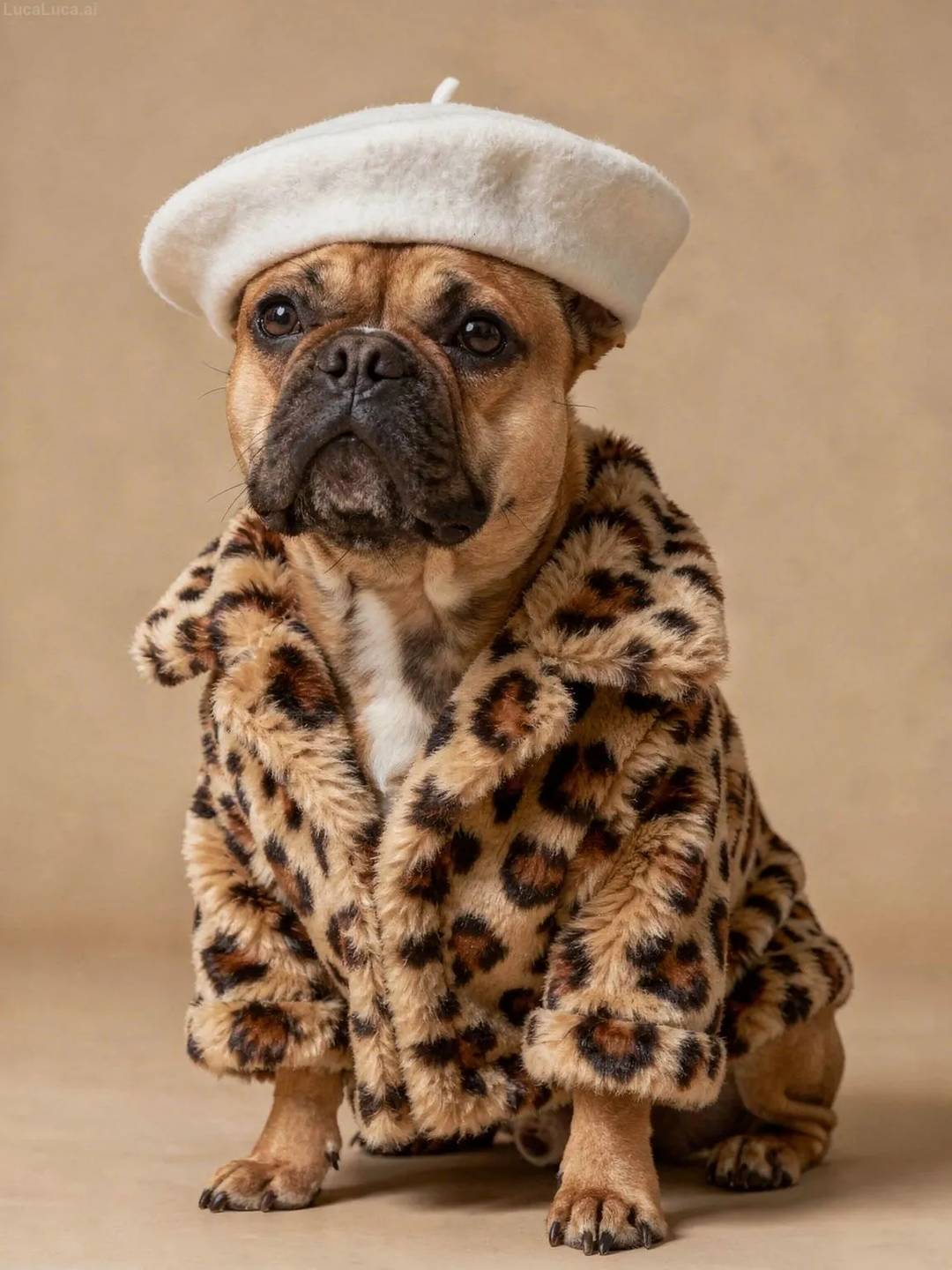 French Bulldog dog wearing a white beret and leopard-print faux fur coat