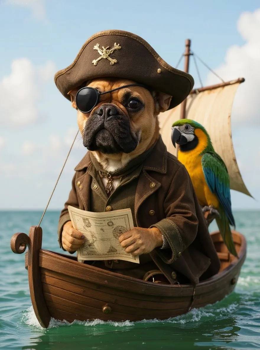 French Bulldog dog dressed as a pirate with eye patch on a ship deck