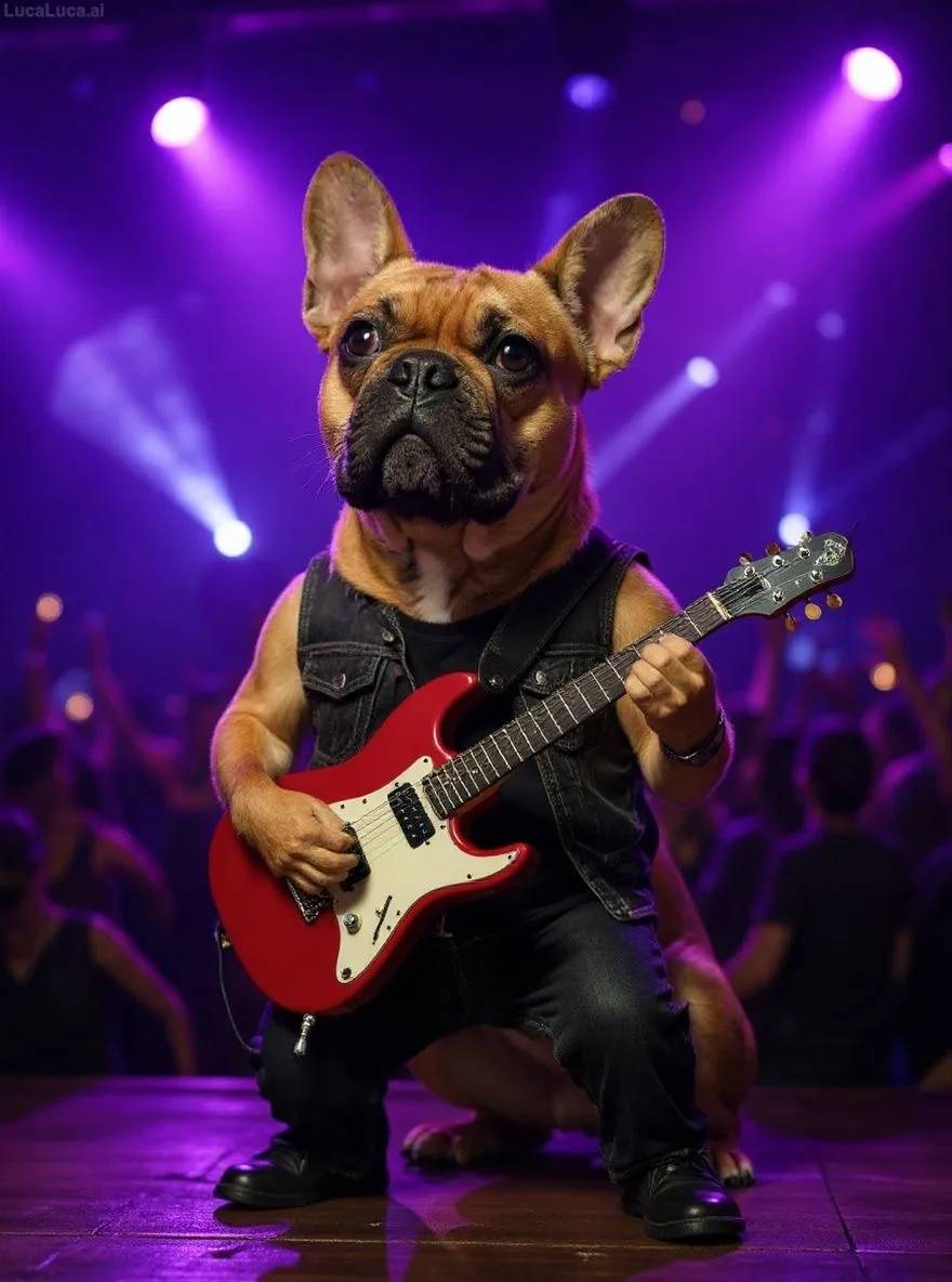 French Bulldog dog on stage with an electric guitar under bright lights