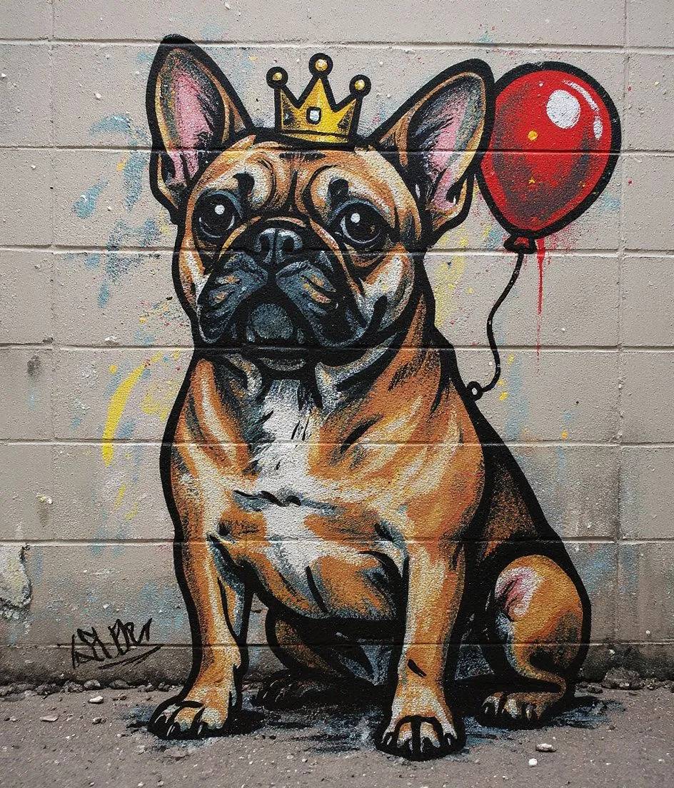 French Bulldog dog as stencil graffiti street art on a concrete wall
