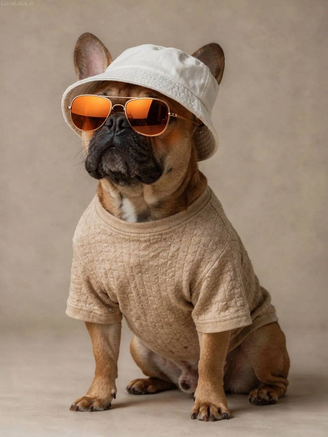 French Bulldog dog wearing a checkered shirt, sunglasses, and bucket hat in studio