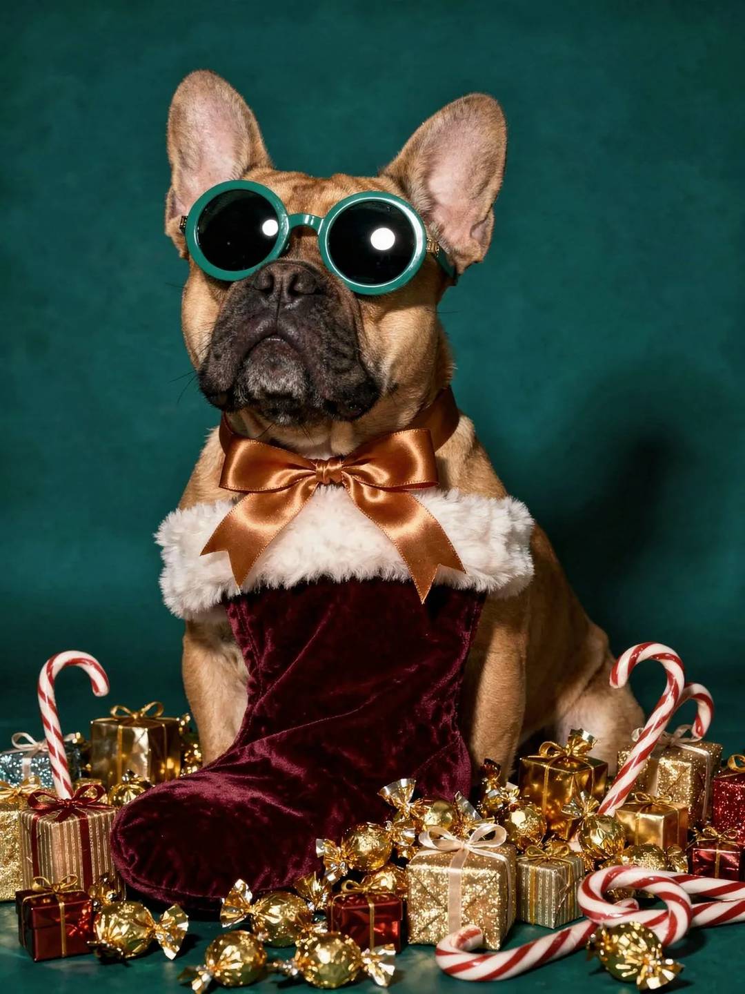 French Bulldog dog wearing teal sunglasses holding a Christmas stocking with candies