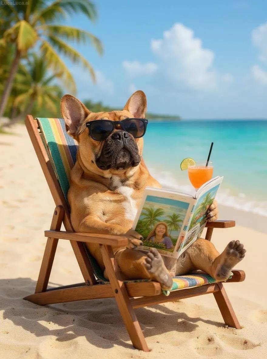 French Bulldog dog wearing sunglasses lounging on a beach chair with a cocktail