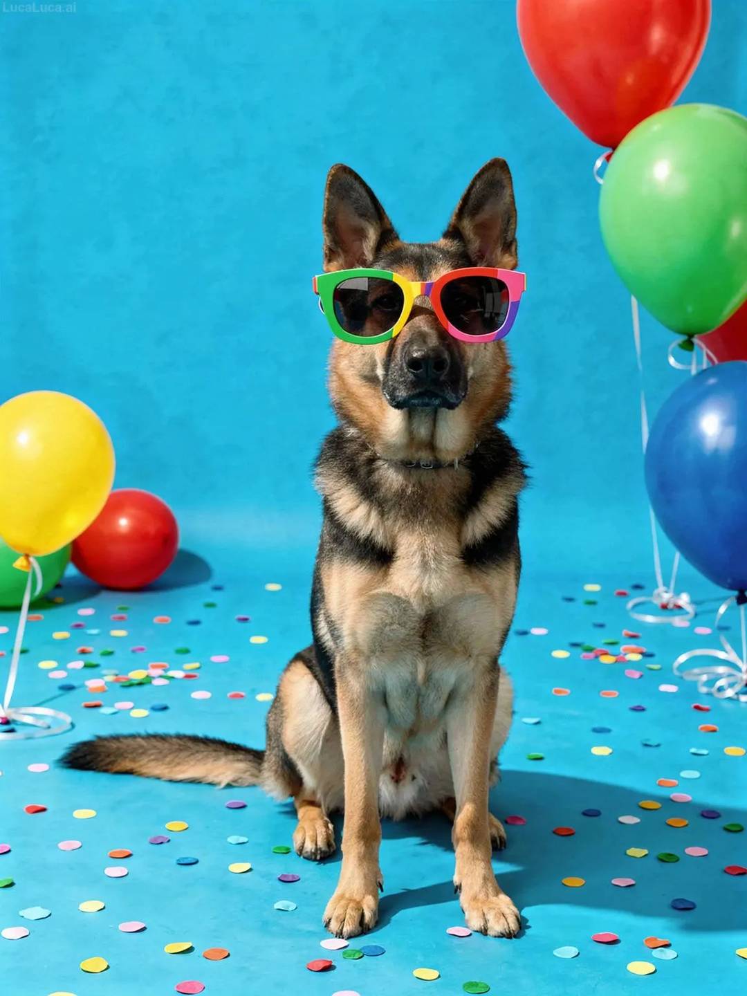 German Shepherd dog wearing colorful sunglasses with confetti on a blue background