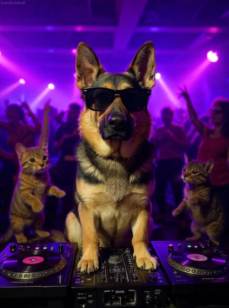German Shepherd dog wearing sunglasses with paws on turntables at a nightclub
