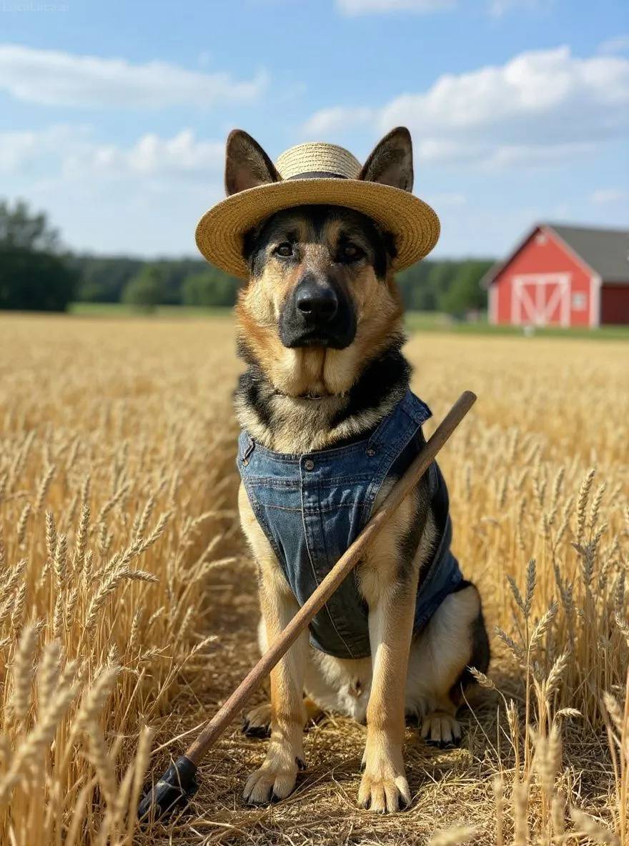 German Shepherd dog wearing overalls and straw hat holding a pitchfork in a wheat field