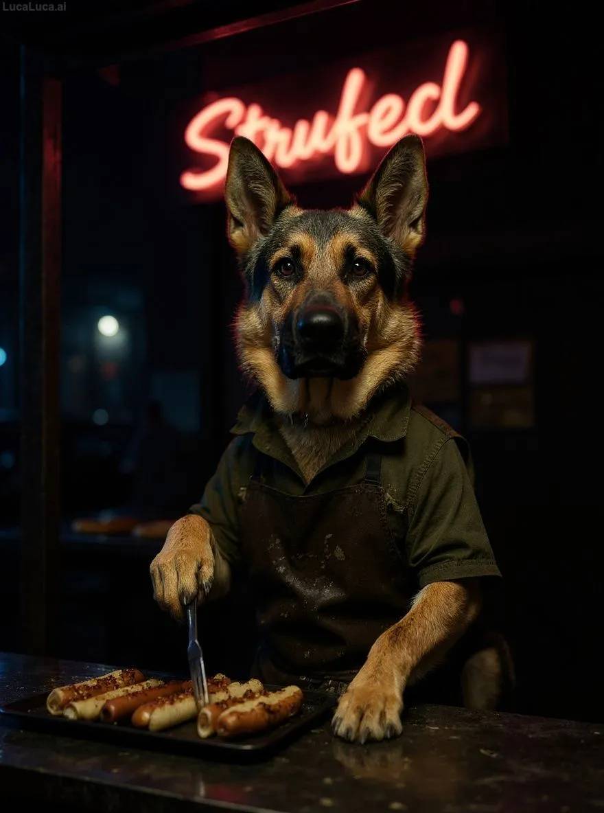 German Shepherd dog in a stained apron flipping hot dogs at a neon-lit food stand