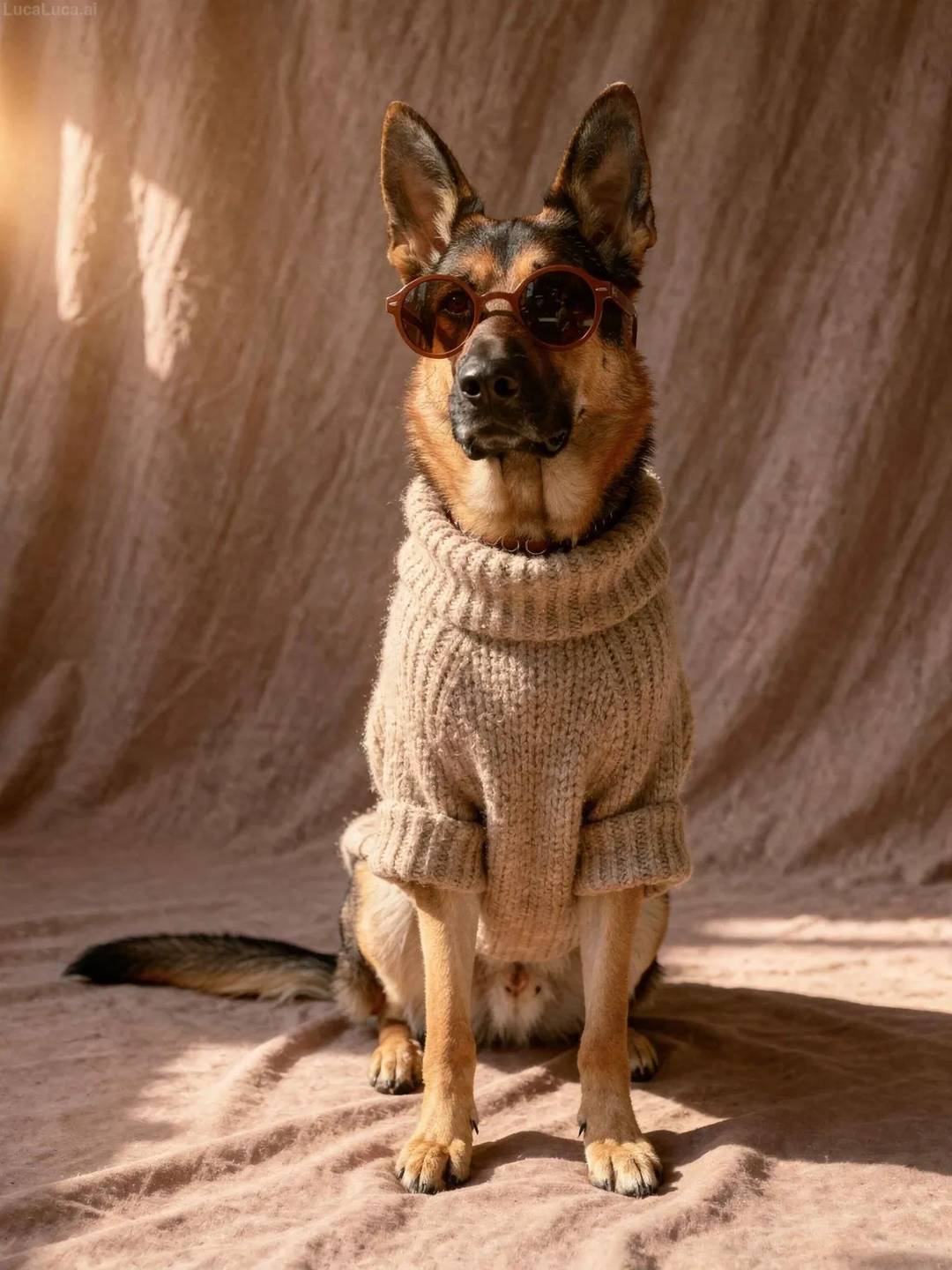 German Shepherd dog wearing a chunky beige knit sweater and brown sunglasses
