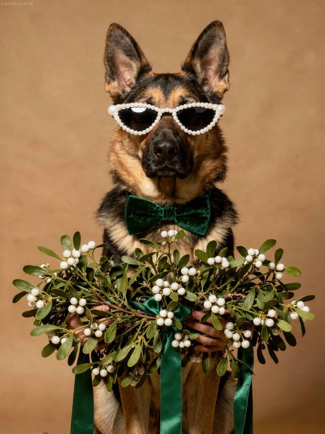 German Shepherd dog wearing white cat-eye sunglasses holding a bundle of mistletoe